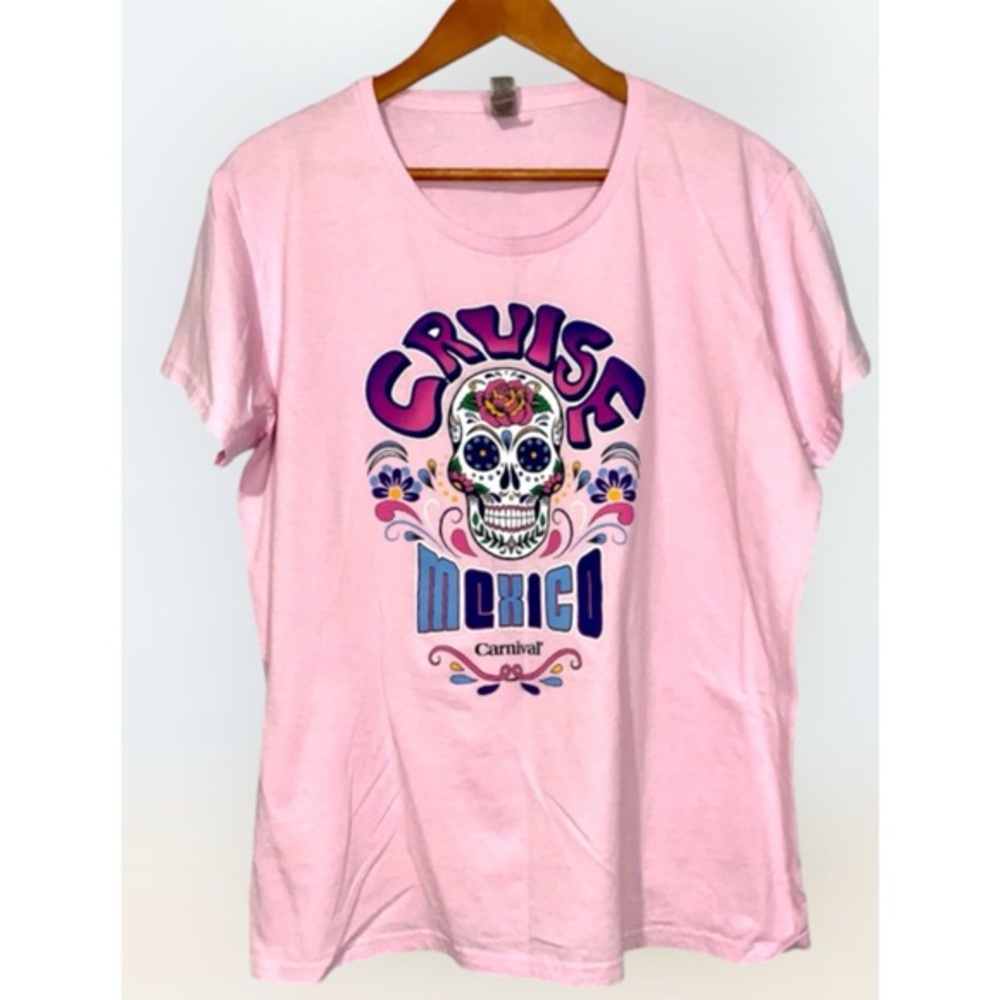 Pink Cotton Mexican Carnival Cruise Skeleton Short Sleeve Crewneck T-Shirt
